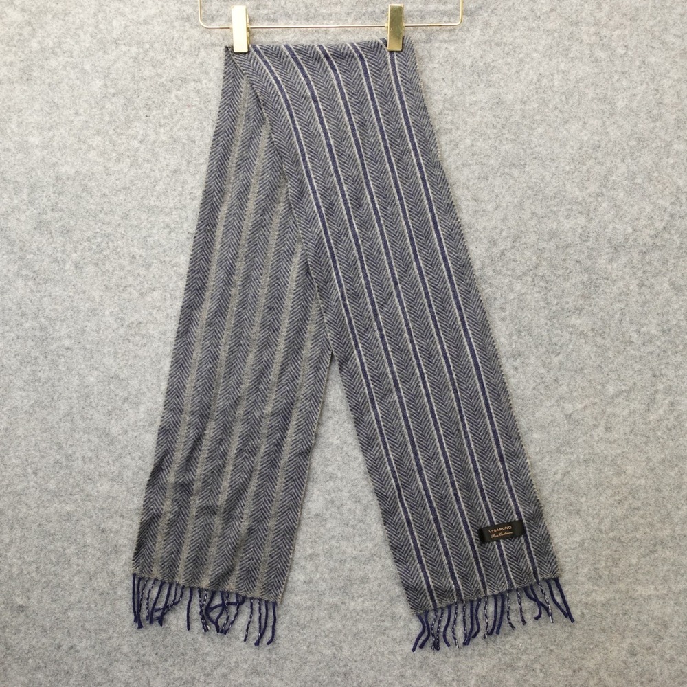 Cashmere Herringbone Stripe Scarf Mens‎ Blue Winter Fringe Luxury VISARUNO 7x50